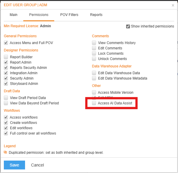The Permissions page with the Access AI Data Assist option for enabling AI Data Assist at the User or User Group Level
