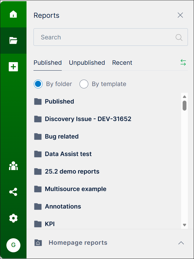Report panel with Published, Unpublished, Recent, and Homepage reports