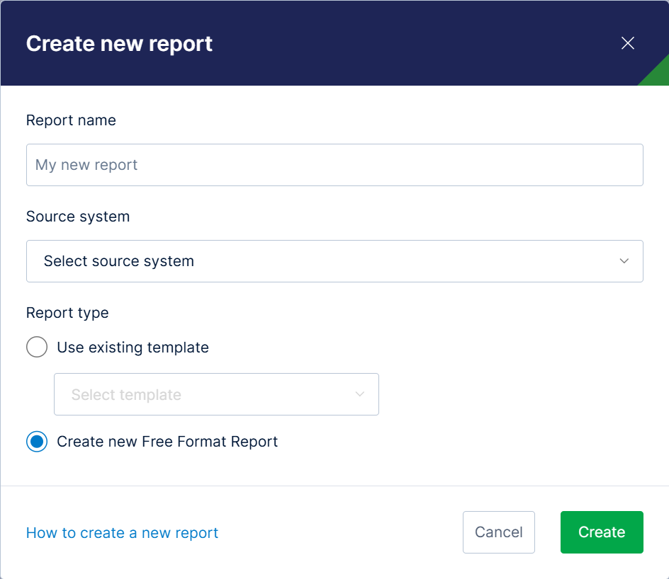 Create new report dialog box